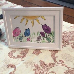 Colorful whimsical Bird Art in White Frame watercolor and ink